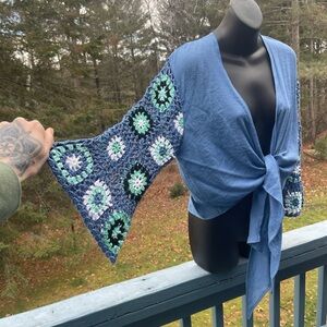 Elan Blue Tie-Front Sweater with Crochet Sleeves